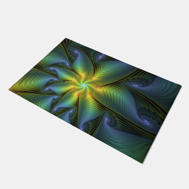 Paillasson Etoile Abstraite, Bleu brillant Vert Or Fractal Ar (Incliné)