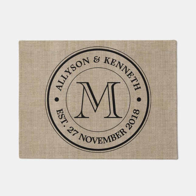 Paillasson Faites votre propre Burlap Retro Logo Monogramme (Devant)