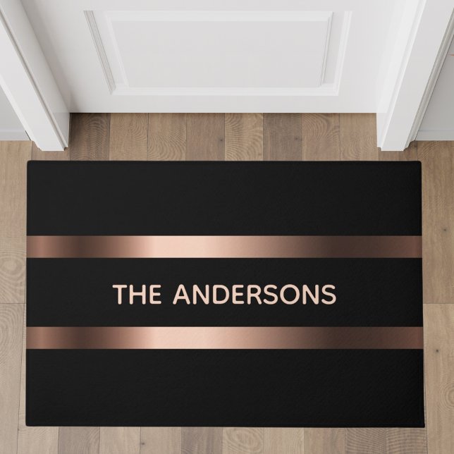 Paillasson Famille d'or rose noir monogramme élégant moderne (Créateur téléchargé)
