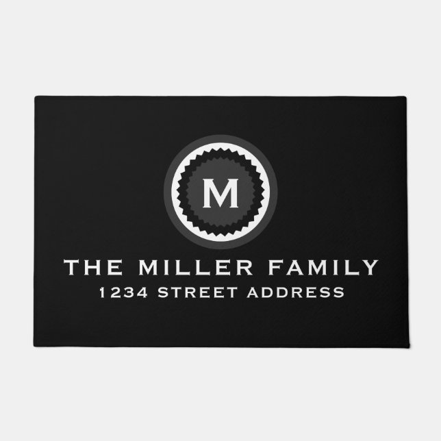 Paillasson Famille et adresse de monogramme noir et blanc déc (Devant)