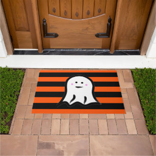 Paillasson Fantôme d'Halloween sur rayures noires et orange
