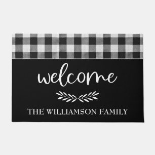 Paillasson Farmhouse moderne Black Buffalo Plaid Nom de famil