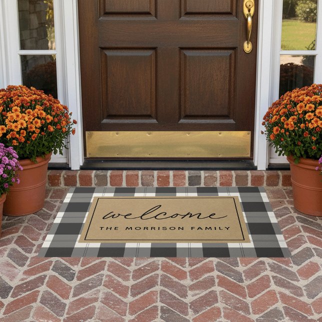 Paillasson Farmhouse Plaid Noir & Tan Accueil personnalisé (Créateur téléchargé)