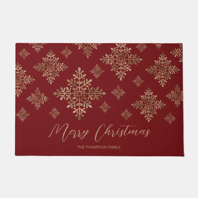 Paillasson Faux Golden Foil Snowflakes Sur Rouge (Pas Vrai Fo (Devant)