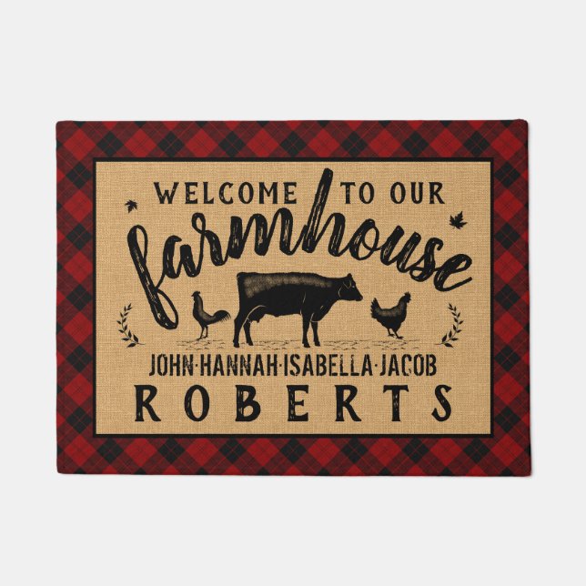 Paillasson Ferme Bienvenue Red Buffalo Check Plaid Cow (Devant)