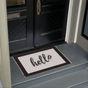 Paillasson Ferme Hello Script noir et blanc Faux Tile