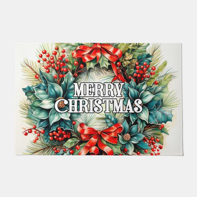 Paillasson Festive couronne de Noël | Joyeuses fêtes (Devant)