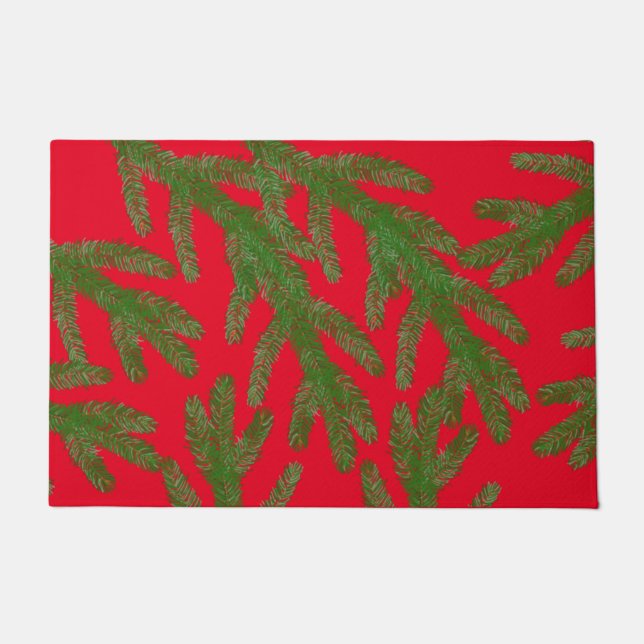 Paillasson Festive Green Fir Tree Branches sur Rouge (Devant)
