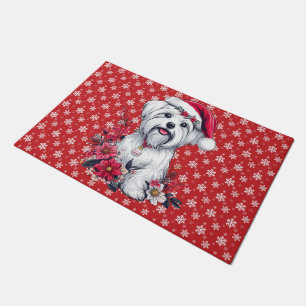 Paillasson Fête de fleurs Chien maltais avec Santa Hat Chien 