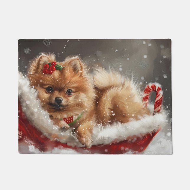 Paillasson Fête de Noël de Chien de Poméranie (Devant)