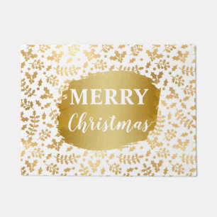 Paillasson Feuille d'or et houx blanc Noël d'hiver