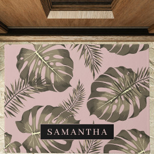 Paillasson Feuille Tropical Pink & Gold Palm Motif et nom