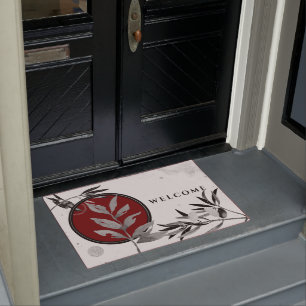 Paillasson Feuilles d'aquarelle noir blanc et rouge Bienvenue