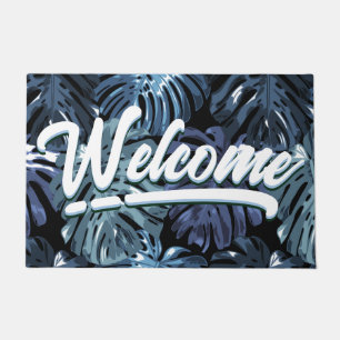 Paillasson Feuilles Tropical Blue Black Palm Bienvenue