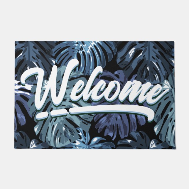 Paillasson Feuilles Tropical Blue Black Palm Bienvenue (Devant)