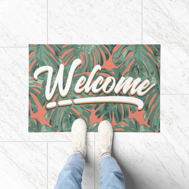 Paillasson Feuilles tropicaux Bienvenue Script Vert Orange (Intérieur)