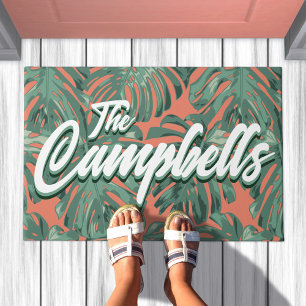 Paillasson Feuilles tropicaux Script vert Nom de famille mat 