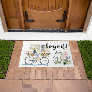 Paillasson Fille à l'aquarelle sur le bonjour à bicyclette !