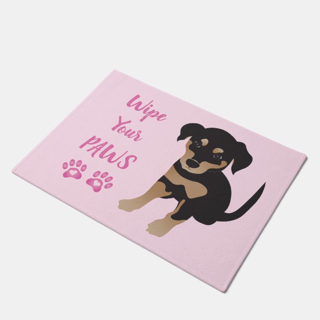 Paillasson Fille essuyer tes pattes rose chiot mignon (Incliné)