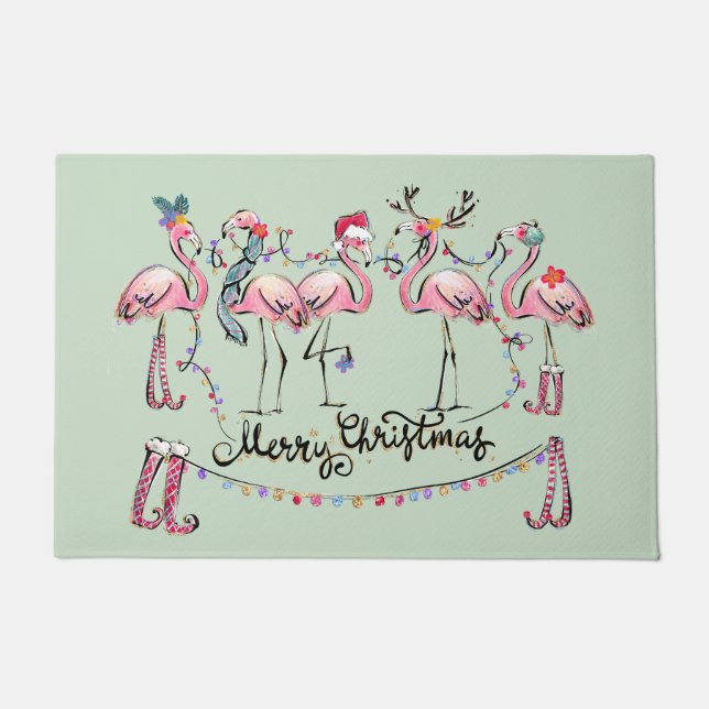 Paillasson Flamant rose fête de Noël Mat de bienvenue (Devant)