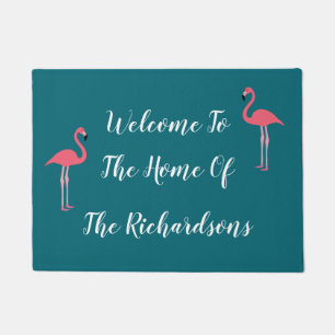 Paillasson Flamant rose tropical Famille Monogramme Bienvenue