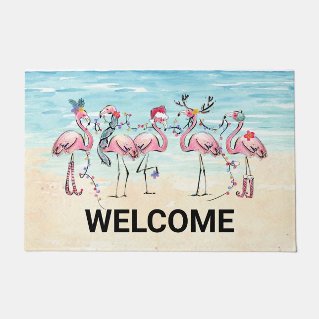 Paillasson Flamant rose Tropical Porte Mat Personnalisé (Devant)