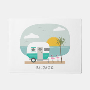 Paillasson Flamants roses de plage Vintage Turquoise Camper