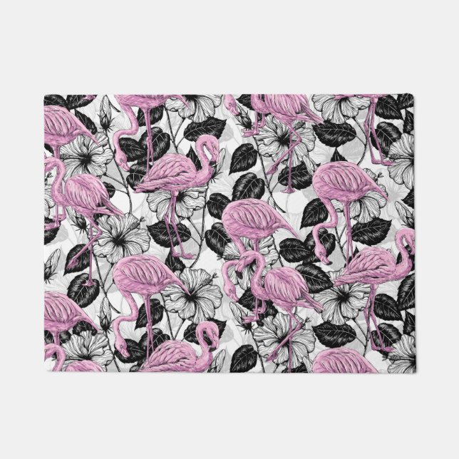 Paillasson Flamants roses et fleurs d'hibiscus (Devant)
