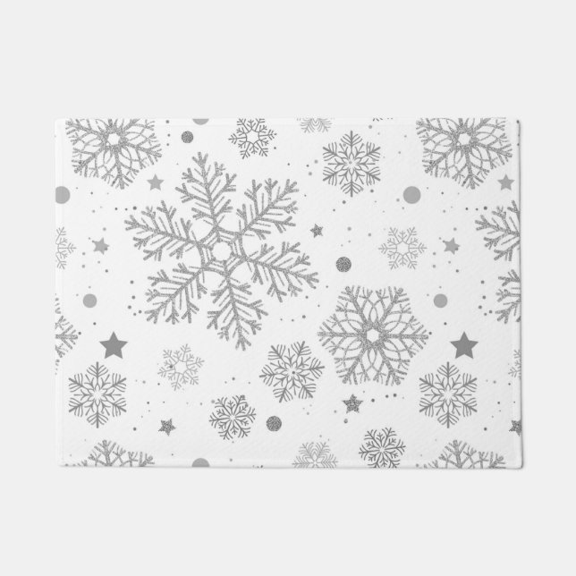 Paillasson Flammes de neige en argent sur blanc (Devant)