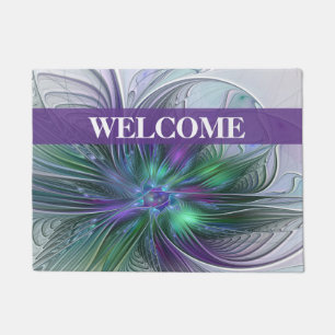 Paillasson Fleur Abstraite Violette Verte Art Fractal Bienven