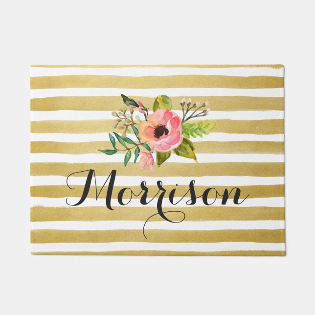 Paillasson Fleur Aquarelle Chic avec Bandes Blances Or (Devant)