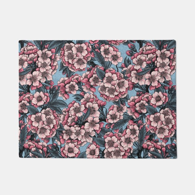 Paillasson Fleur de cerisier rose et bleu (Devant)