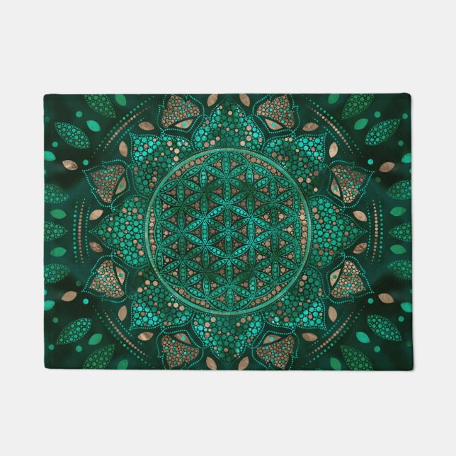 Paillasson Fleur de la vie Point Art malachite or (Devant)