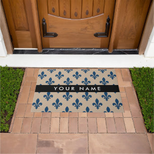 Paillasson Fleur de Lis, Bleu Marine sur Beige, Royal, Votre