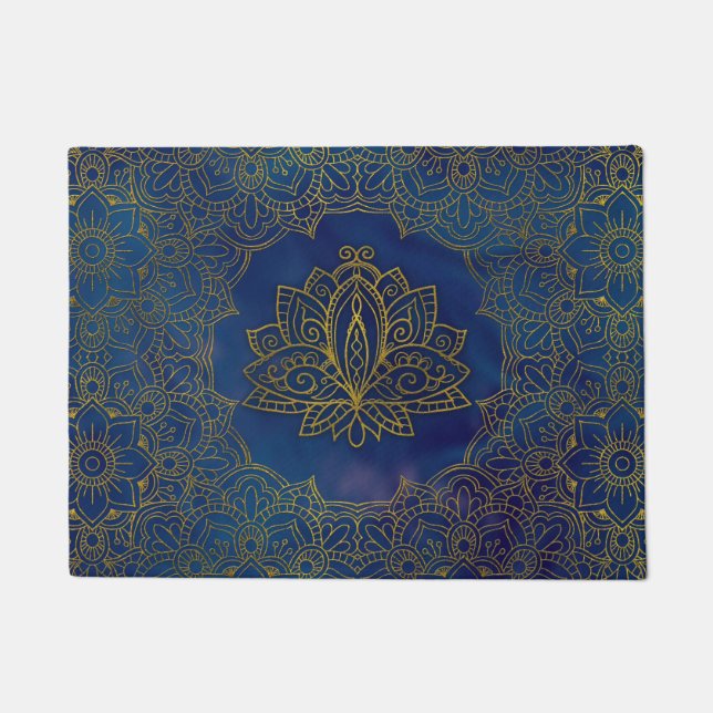 Paillasson Fleur de Lotus élégante d'or sur le bleu (Devant)