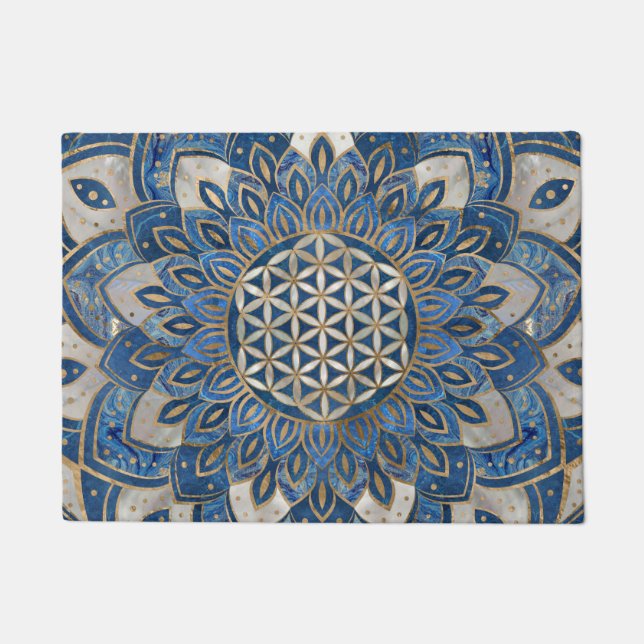Paillasson Fleur de vie à Lotus - Marbre bleu et perle (Devant)