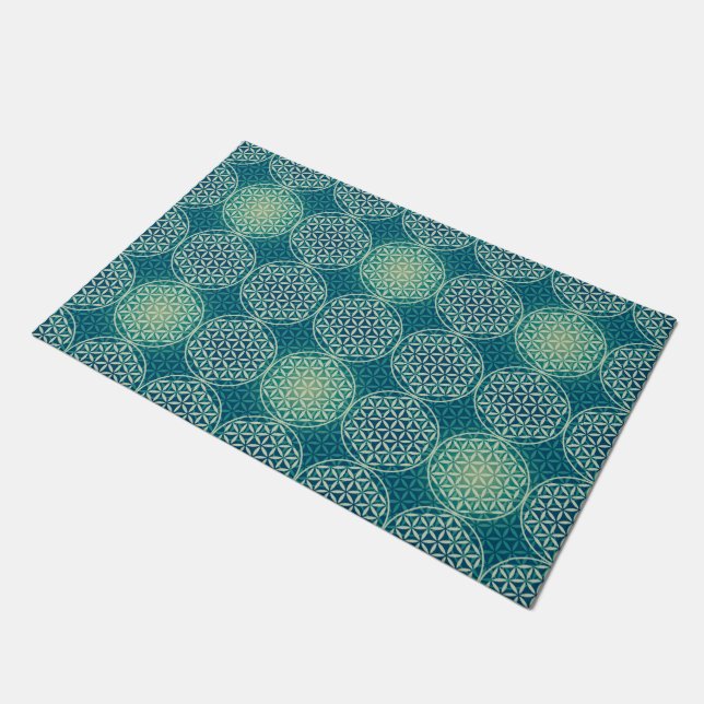 Paillasson Fleur de vie - motif de timbre - bleu cyan (Incliné)