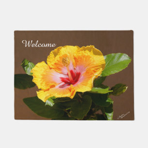Paillasson Fleur d'Hibiscus rose jaune mat de bienvenue