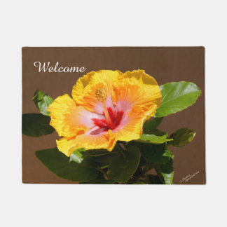 Paillasson Fleur d'Hibiscus rose jaune mat de bienvenue