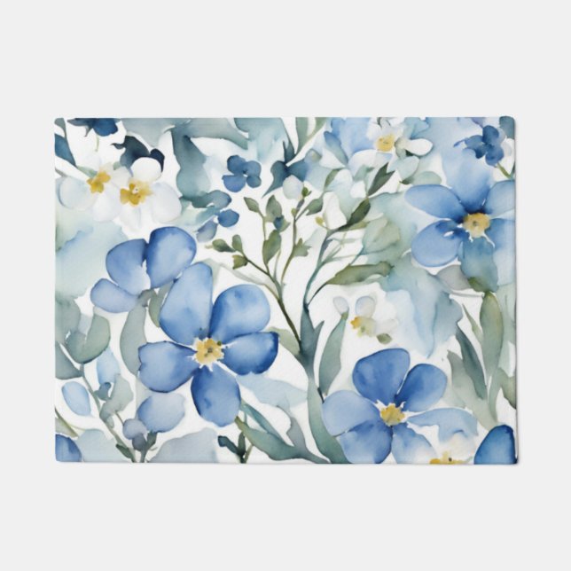 Paillasson Fleurs Bleues Blancs Aquarelle Chic (Devant)