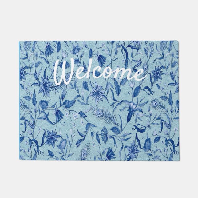 Paillasson Fleurs bleues turquoises sur support de texture sc (Devant)