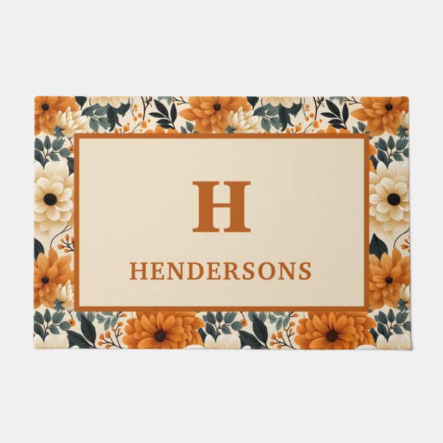 Paillasson Fleurs d'automne Monogramme Nom de famille Bienven (Devant)