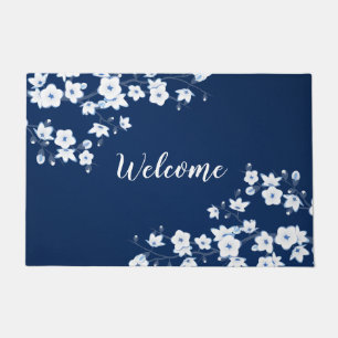 Paillasson Fleurs de cerisier navales bleu blanc Bienvenue