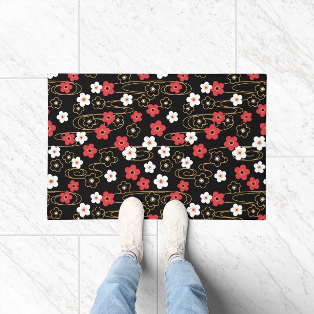 Paillasson Fleurs de fleurs de cerisier de Sakura noir japona (Intérieur)