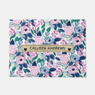 Paillasson Fleurs de marine rose douce Aquarelle or Monogramm
