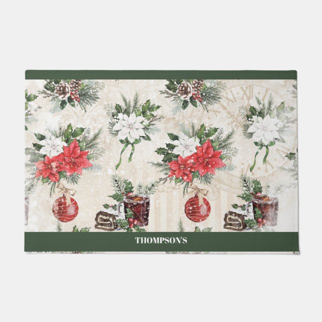 Paillasson Fleurs de poinsettie rouge et blanche de Noël clas (Devant)