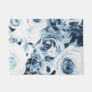 Paillasson Fleurs de roses blanches bleues hivernales vintage