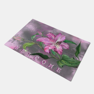 Paillasson Fleurs Lys Rose Violet Texte de bienvenue