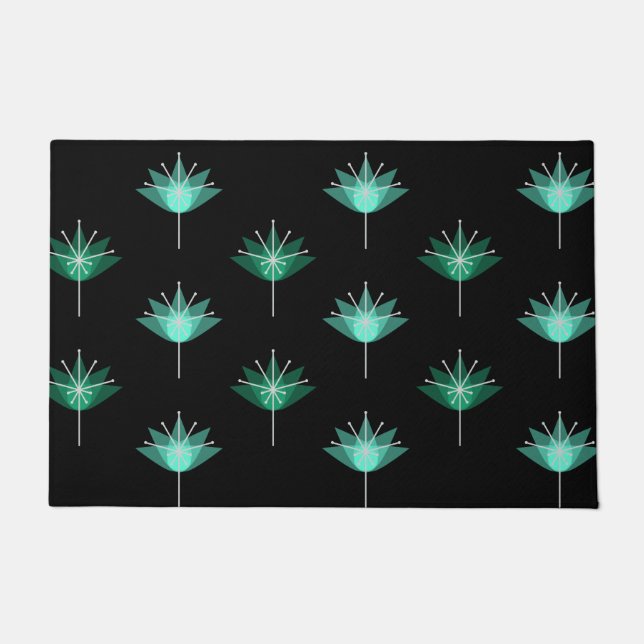 Paillasson Fleurs modernes du milieu du siècle Noir Turquoise (Devant)