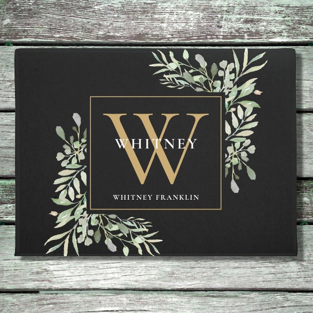 Paillasson Fleurs personnalisées en noir et or Monogramme de  (Créateur téléchargé)